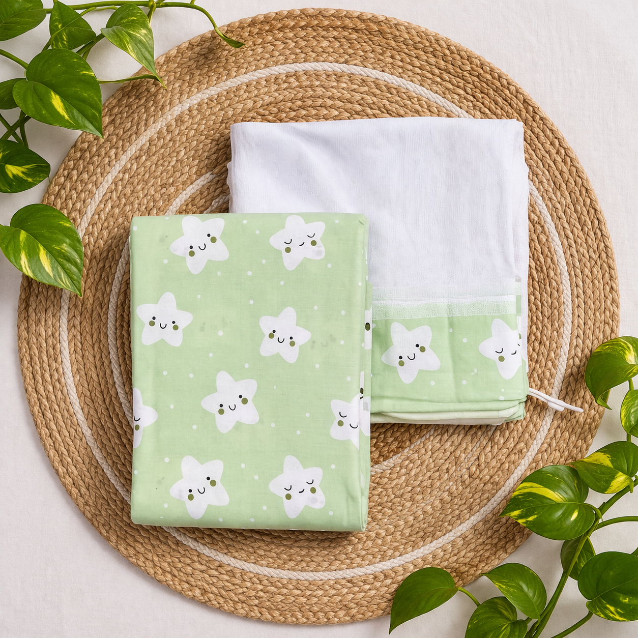 Premium Cotton 3 Meter Baby Cradle Cloth with Side Head Cover & Matching Mosquito Net-Green Star code:NBE